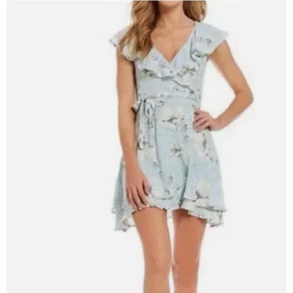 Free People French Quarter Wrap Dress Sz Small Blue White Floral Ruffle Mini